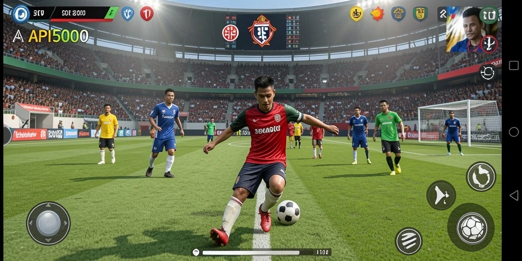 Tampilan gameplay seru di API5000 dengan aksi sepak bola nyata.