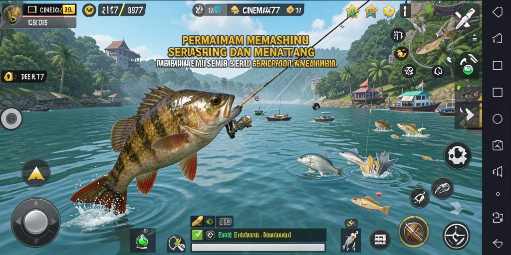 Screenshot yang menampilkan aksi memancing seru dalam CINEMA77.