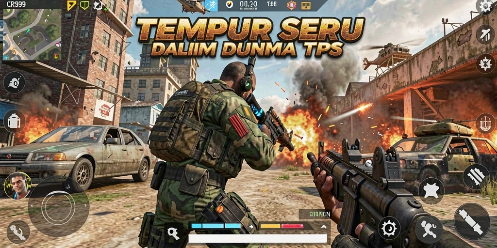 Tangkapan layar utama CRS99 menampilkan aksi tembak-menembak yang intens.
