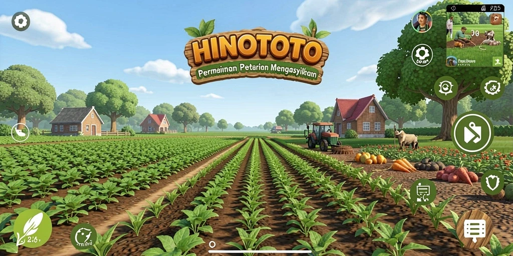 Tampilan gameplay HINOTOTO dengan suasana pertanian yang menawan.