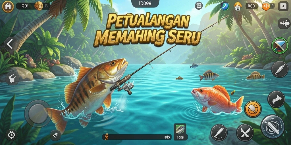 Tampilan gameplay seru dalam ID098 saat menangkap ikan.