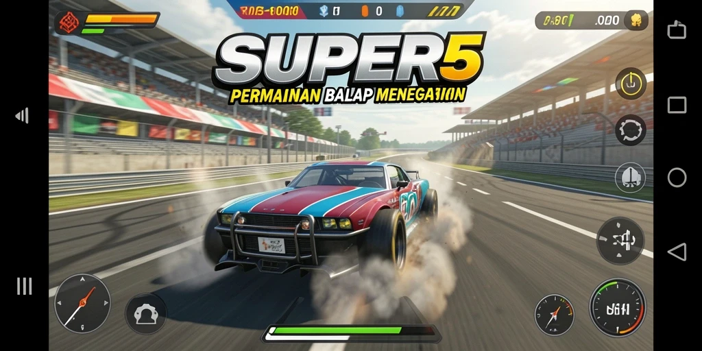 Tangkapan layar utama menunjukkan aksi balap seru dalam SUPER5.