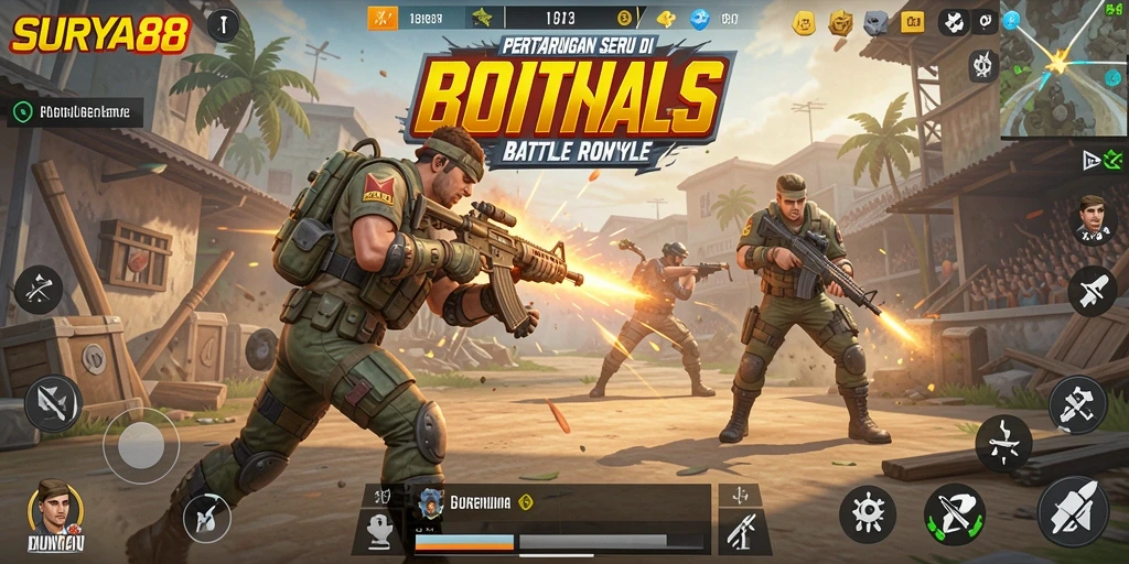 Screenshot gameplay SURYA88 menunjukkan intensitas pertempuran Battle Royale.