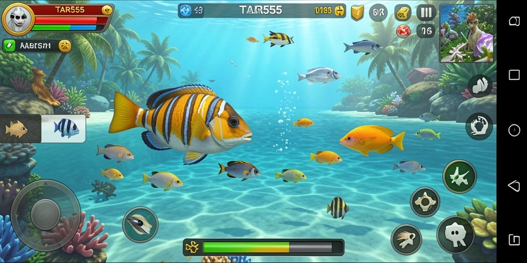 Tampilan gameplay TAR555 yang seru dengan ikan berwarna-warni.