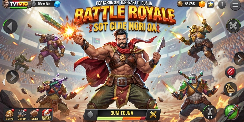 Screenshot utama TVTOTO menampilkan aksi pertarungan seru Battle Royale.