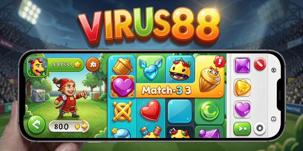 Screenshot gameplay VIRUS88 yang menampilkan kombinasi virus yang menantang.