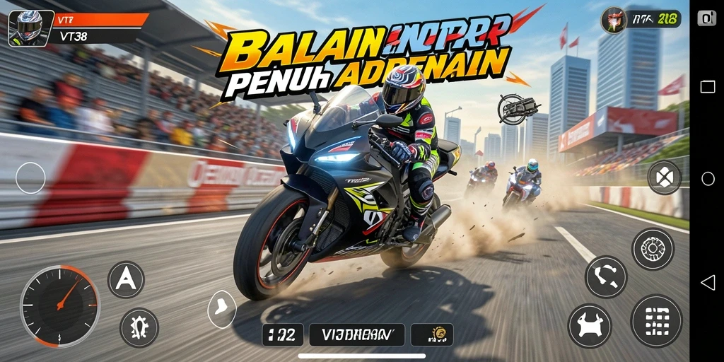 Screenshot gameplay VT38 yang menampilkan balapan motor yang seru.